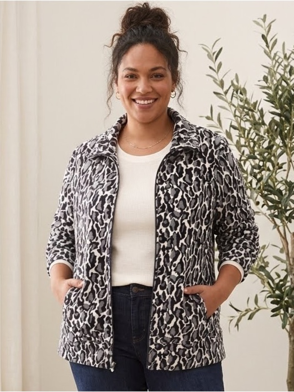 Activology Animal Print Leopard Velour Track Jacket Black Gray White Large